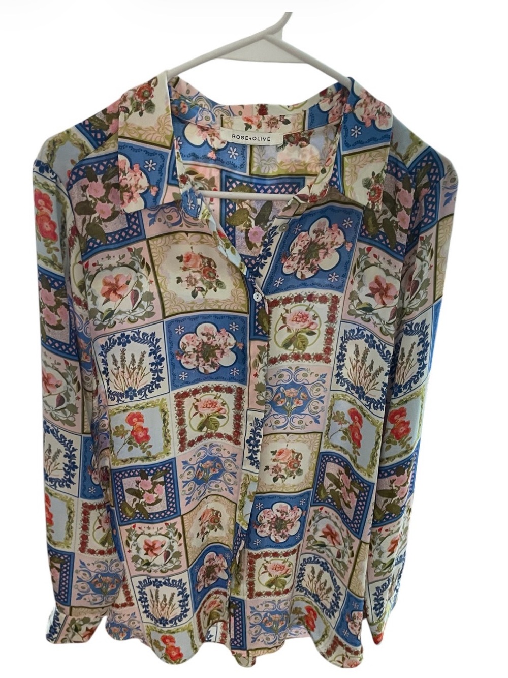 Rose & Olive Blue Floral Patchwork Button-Down Shirt